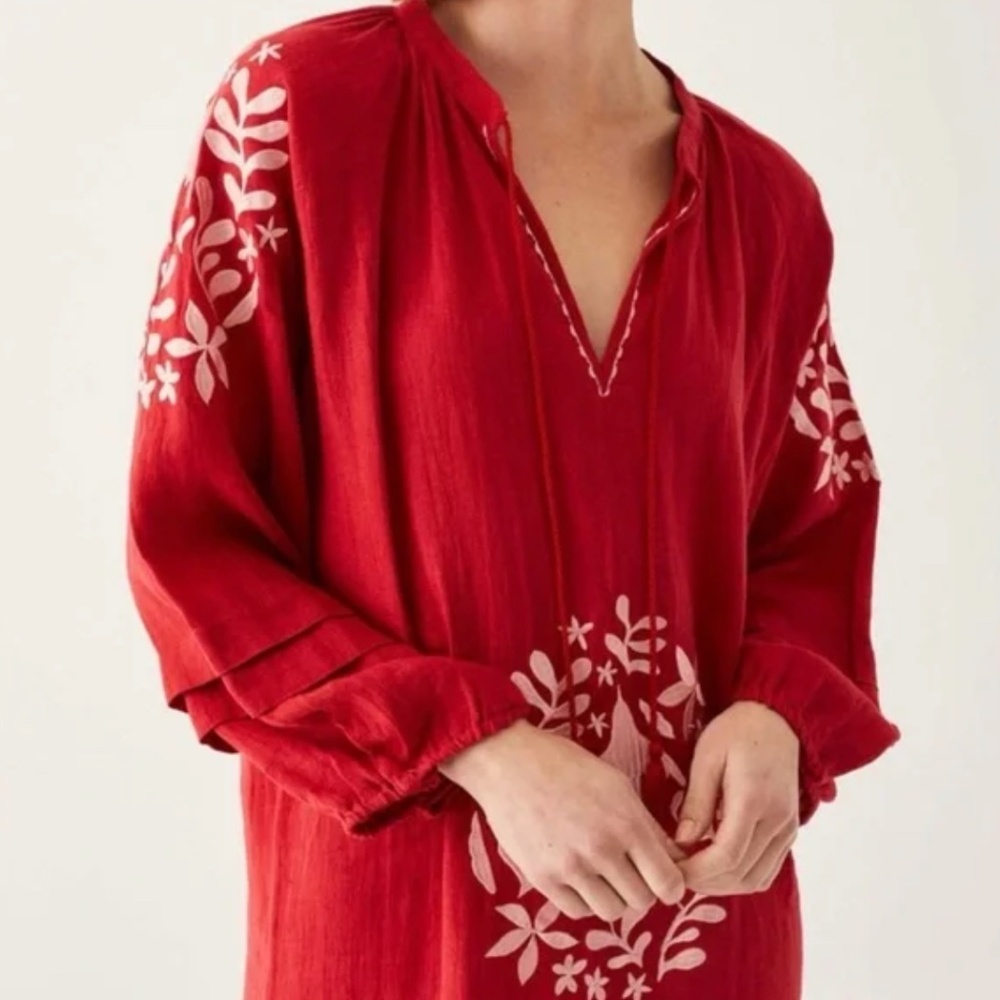 Voyageur by Mersea Red 100% Linen Palermo Embroidered Maxi Vacation Dress Size M - Picture 2 of 12